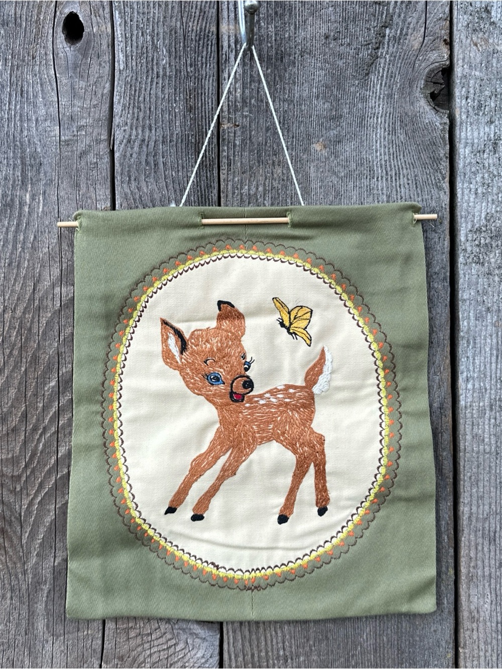 Vintage Fawn Deer & Butterfly Needlepoint Wall Hanging Cottagecore 12" x 13"